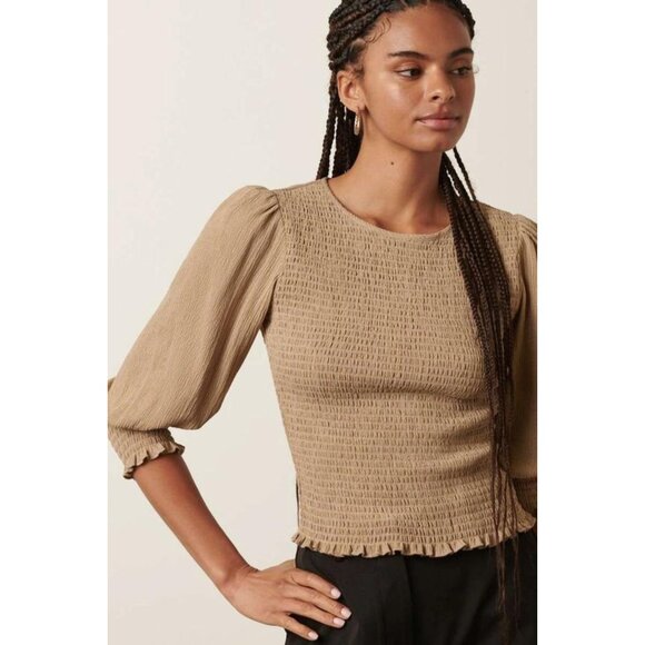 Beige Smocked Blouse with Puff Sleeves - Picture 5 of 5